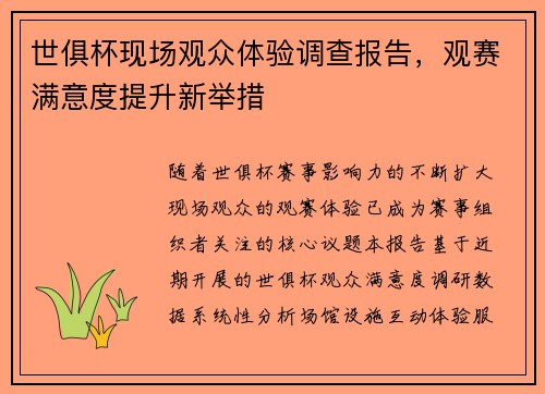 世俱杯现场观众体验调查报告，观赛满意度提升新举措