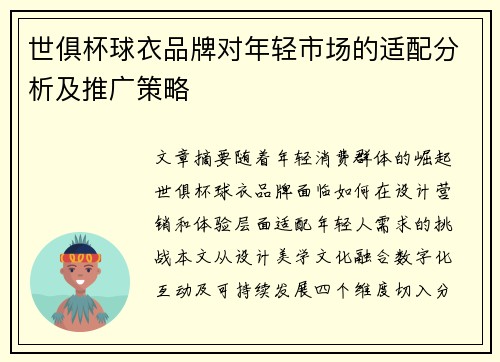 世俱杯球衣品牌对年轻市场的适配分析及推广策略